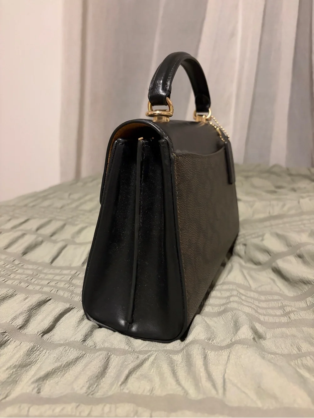 Coach Black & Brown Signature Top-Handle Satchel with Gold Hardware